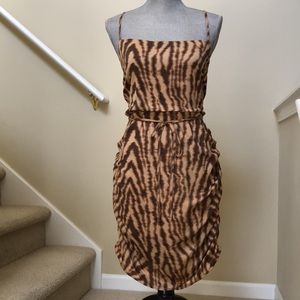 New women’s ruched animal print dress. Size L.  Brown/tan. Crisscross straps.